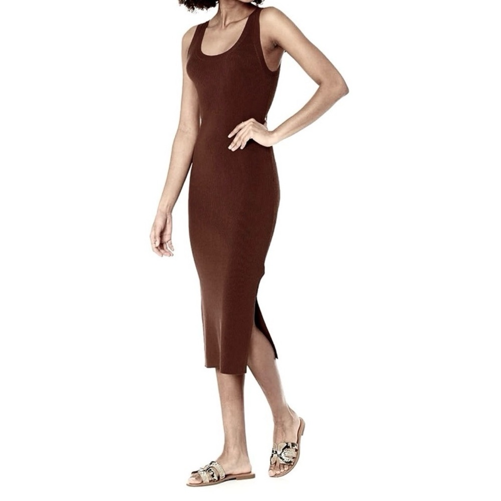 The Drop Ribbed Knit Midi Dress with Side Slit Small in Brown